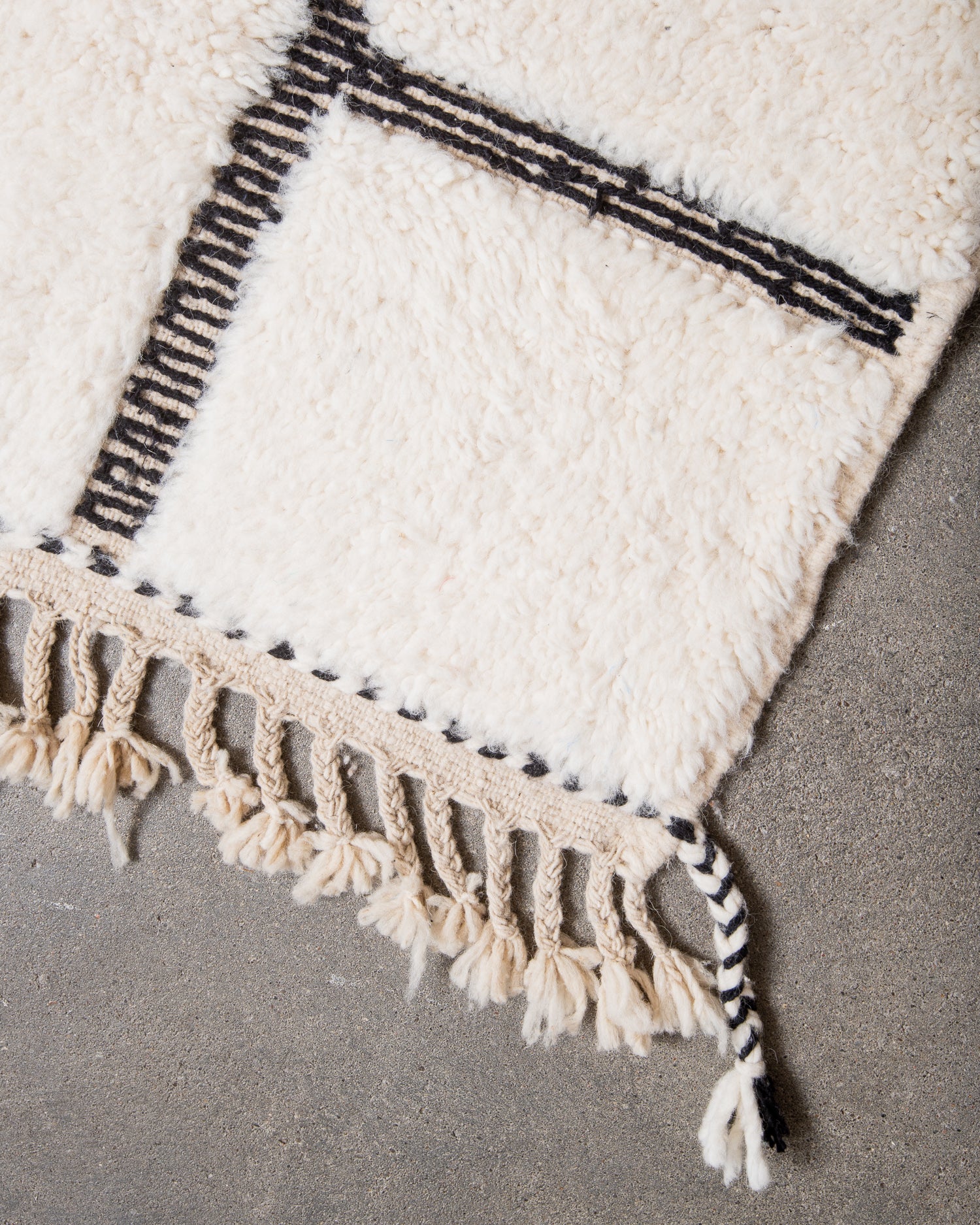 Modern, designer, handcrafted Berber rug from Morocco. Beniourain carpet with beautiful colours and patterns and fluffy wool texture.